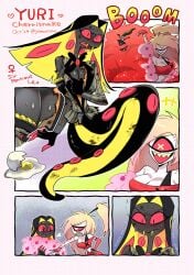 @yomunow big_breasts blush cherri_bomb_(hazbin_hotel) cleavage genderswap_(mtf) hazbin_hotel lacy_bra rule_63 sir_pentious_(hazbin_hotel) snake_girl tears