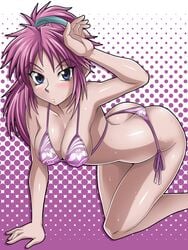 1girls all_fours big_breasts bikini blushing breasts female female_focus female_only hoimin human hunter_x_hunter large_breasts long_hair machi_komacine pale-skinned_female pale_skin phantom_troupe pink_hair shounen_jump swimsuit tagme villainess wide_hips