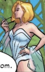 beach_background bikini blonde_hair blue_eyes blue_lipstick emma_frost huge_breasts lewd looking_at_viewer marvel marvel_comics one-piece_swimsuit sexy x-men