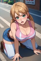 1girls ai_generated all_fours blonde_female blonde_hair blonde_hair_female civitai cleavage crop_top female female_focus green_eyes gundam gundam_tekketsu_no_orphans ibo iron_blooded_orphans lafter_frankland long_hair novowels street tagme thighhighs twintails