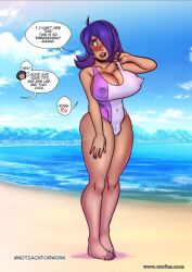 1futa beach blue_eyes blue_hair bulge cleavage english_text futanari large_breasts nipple_bulge notzackforwork one-piece_swimsuit outdoors sammi_(notzackforwork) small_penis solo standing tagme