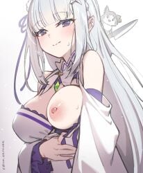 1boy 1girls breasts breasts breasts_out breasts_out_of_clothes clothes_pull dress_pull elf elf_ears elf_female elf_girl emilia_(re:zero) exposed_breast exposed_breasts half-dressed nipples offering_to_viewer puck_(re:zero) purple_eyes re:zero_kara_hajimeru_isekai_seikatsu silver_hair white_background