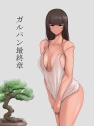 blush bonsai bottomless breasts brown_eyes brown_hair chemise female girls_und_panzer large_breasts looking_at_viewer mature_female milf nishizumi_shiho peba solo