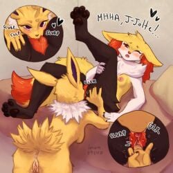 anthro anus artist_name braixen breasts close-up cunnilingus duo eeveelution female female/female finger_fuck fingering generation_1_pokemon generation_6_pokemon genitals inner_ear_fluff inontteva jolteon nintendo nipples onomatopoeia oral pokemon pokemon_(species) pussy sex sound_effects text tuft vaginal_penetration