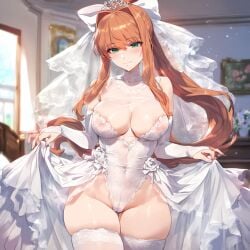 1girls ai_generated big_breasts blush breasts brown_hair doki_doki_literature_club female female_focus female_only green_eyes huge_breasts large_breasts looking_at_viewer looking_pleasured monika_(doki_doki_literature_club) thick_thighs thighs wedding_dress wedding_lingerie wedding_veil white_panties