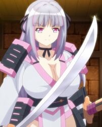 big_breasts clothed collar eyebrows female_fighter goblin_no_suana inside pink_eyes purple_hair samurai sayuki_(goblin_no_suana) sword