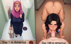 ai_generated america american_flag american_flag_bikini arabian arabian_clothes arabian_female before_and_after black_hair bleached blowjob breasts breasts_out caption fat_ass fellatio female forced forced_exposure forced_oral hijab light-skinned_male light_skin looking_at_viewer male male_pov nude oral penis petplay pov pov_blowjob pov_male raceplay racism racist scared sex sex_slave slave stripped_naked submissive sucking_penis tagme tan-skinned_female tan_skin text thin_waist transformation wide_hips
