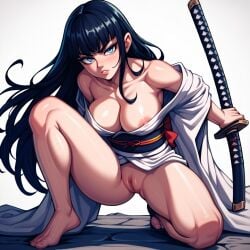 1girls ai_generated areola areola_slip areolae bangs black_hair blue_eyes fighting_stance katana kimono kosine1777 kosineverse nipple_slip obi on_one_knee original original_character pussy sword swordswoman valbun_style white_background yuki_(kosine1777)