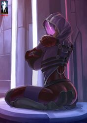 ass big_breasts bodysuit breast_grab breasts fully_clothed giantess-fan-comics glowing_eyes helmet hood huge_breasts looking_at_viewer looking_back mask mass_effect pinup_pose quarian skintight_bodysuit tali'zorah_nar_rayya