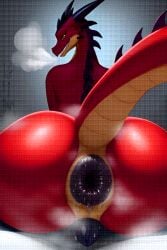 ai_generated anal_juice anthro anus dragon horns looking_back male male_only musk musk_clouds penis presenting_anus puffy_anus red_scales scalie sweat sweatdrop sweating tail yellow_eyes