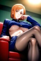 ai_generated big_breasts crossed_legs fit_female from_below hand_on_cheek jujutsu_kaisen kugisaki_nobara legs legs_crossed looking_down_at_viewer low-angle_view nipple_outline nylons pantyhose relaxing sitting_on_chair toned_female toned_legs