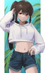 belly belly_button blush brown_hair crop_top cropped_hoodie cute female female_only high_resolution hoodie ikukura jean_shorts legs long_hair looking_at_viewer midriff orange_eyes painted_nails red_eyes shorts solo_female tied_hair 生倉のゑる