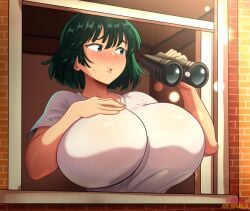 big_breasts blush breast_squeeze breasts breasts_bigger_than_head female_focus female_only fubuki_(one-punch_man) gigantic_breasts green_hair hanaarasuka hand_on_breast huge_breasts one-punch_man short_hair top_heavy voluptuous voluptuous_female window