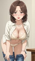 1girls ai_generated breasts brown_eyes brown_hair character_request female female_only hi_res jeans lemonjing looking_at_viewer mature mature_female mature_woman milf mole mole_under_eye navel solo solo_female undressing