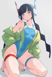 1girls barefoot black_hair blue_eyes blue_nails blue_one-piece_swimsuit breasts closed_mouth collarbone creatures_(company) elesa_(pokemon) female full_body game_freak groin hand_on_own_hip headphones highleg highleg_one-piece_swimsuit highres jacket kamidan nail_polish nintendo off_shoulder one-piece_swimsuit pokemon pokemon_bw2 red_nails skindentation small_breasts solo swimsuit thigh_strap thighs tiptoes toenail_polish toenails yellow_jacket