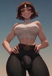 1futa abs ai_generated belt black_clothing breasts brown_hair bulge bulge_through_clothing dickgirl futanari grin hands_on_hips huge_breasts huge_cock huge_cock jeans looking_at_viewer looking_do makeup makoto_niijima pants penis persona persona_5 persona_5_royal red_eyes short_hair smile smiling_at_viewer taker_pov tank_top velonix white_clothing