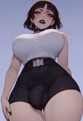 1futa ai_generated belt black_clothing black_shorts breasts brown_hair bulge bulge_through_clothing dickgirl disgust disgusted futanari huge_breasts huge_cock jeans looking_at_viewer looking_do makeup makoto_niijima penis persona persona_5 persona_5_royal red_eyes short_hair shorts taker_pov tank_top velonix