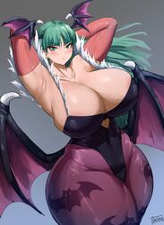 accessory bat batako batwings blush bodysuit breasts clothing darkstalkers green_eyes green_hair huge_breasts large_breasts long_hair morrigan_aensland succubus thick_thighs