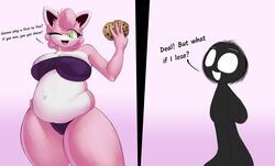 absurd_res ambiguous_gender anthro belly big_belly breasts chubby cleavage cookie digital_media_(artwork) english_text female green_eyes hi_res nintendo open_mouth open_smile pink_body pokémon_(species) pokemon smile starstrikex text video_games wigglytuff wink xein_(starstrikex)