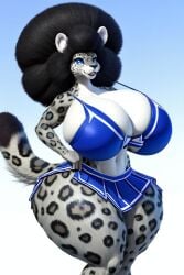 afro anthro blue_eyes cheerleader cheerleader_uniform clothed furry grey_hair huge_ass huge_breasts huge_butt snow_leopard thick_thighs white_hair