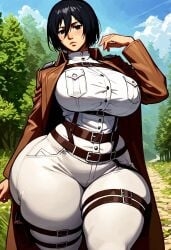 ai_generated attack_on_titan big_breasts big_butt big_thighs black_hair breasts_bigger_than_head button_down_shirt cape clothed clothed_female dark_hair fiveai_(artist) fully_clothed hyper hyper_body looking_at_viewer mikasa_ackerman outdoors slightly_chubby slightly_chubby_female soldier_uniform thick_thighs thighs thighs_bigger_than_torso tight_clothes tight_clothing tight_pants voluptuous voluptuous_female walking wide_hips