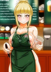 1girls 2021 alternate_hairstyle alternate_version_available apron areolae big_breasts blonde_hair blush breasts eastern_style eye_contact female hairbun high_resolution himiko_toga huge_breasts iced_latte_with_breast_milk lactating lactation large_breasts looking_at_viewer meme my_hero_academia naked_apron name_tag nipples onisan_(artist) smile solo standing starbucks sweat thick_thighs thighs yellow_eyes