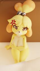 1girls 3d angry animal_crossing anthro areolae bells blender blenderiffic brown_eyes canine curvy domestic_dog edited female_only floppy_ears frowning_at_viewer fur hairband hand_covering_breasts highres isabelle_(animal_crossing) looking_at_viewer mammal nintendo nipples nude nude_female shih_tzu short_hair sitting solo thighs three-quarter_portrait toy_dog yellow_body yellow_fur