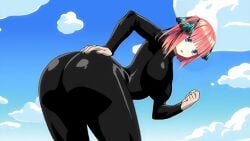 ass bending_over big_ass big_breasts big_butt black_bodysuit blue_eyes busty crossover crossover_cosplay curvy dat_ass edit fairy_tail go-toubun_no_hanayome hair_ornament jiggle_butt_gang latex latex_bodysuit looking_at_viewer medium_hair nakano_nino red_hair skintight spandex thick_ass thick_thighs voluptuous