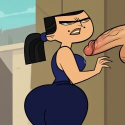 ai_generated ass clothed eva_(tdi) from_behind glaring looking_at_penis looking_back partial_male penis precum total_drama_island