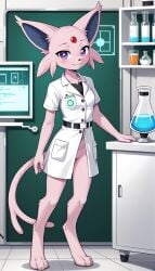 1girls 2024 ai_generated anthro blushing bottomless bottomless_female digitigrade eeveelution espeon female female_only generation_2_pokemon hi_res indoors innie_pussy labcoat looking_at_viewer nintendo pokemon pokemon_(species) purple_eyes pussy scientist smile