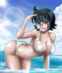 1girls beach big_breasts bikini black_hair booty breasts curvy female female_only glasses hoimin human hunter_x_hunter large_breasts looking_at_viewer pale-skinned_female pale_skin phantom_troupe shizuku_murasaki short_hair shounen_jump solo swimsuit tagme thick_thighs villainess wet wide_hips