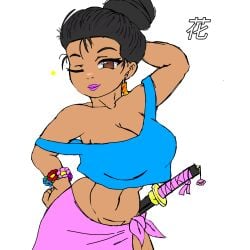 big_ass big_breasts black_hair brown_eyes dark-skinned_female dark_skin flor_(nenei) katana milf nenei original original_character