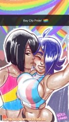 ahoge black_hair brown_lipstick english_text kissing_cheek large_breasts lipstick_mark notzackforwork pansexual_pride_colors pride_color_clothing pride_colors purple_hair sammi_(notzackforwork) selfie sideboob smile snapchat tagme trans_flag transgender_pride_colors