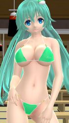 1girls 2024 3d_(artwork) belly_button bikini blue_eyes frog_pin green_bikini hati_yukkuri_mmd human indoors light_green_hair long_hair_female looking_at_viewer mmd mountain_of_faith sanae_kochiya shrine solo_female solo_focus swimsuit touhou white_string_bikini