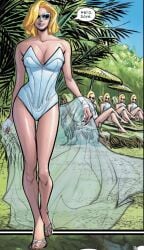 beach_background bikini blonde_hair blue_eyes blue_lipstick catwalk emma_frost huge_breasts looking_at_viewer marvel marvel_comics one-piece_swimsuit stepford_cuckoos x-men