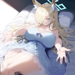 ai_generated animal_ear_fluff animal_ears arms_out bed bedroom big_breasts blue_archive hair_covering_eye hug_invitation kanna_(blue_archive) laying_down laying_on_bed long_hair nightgown thick_thighs