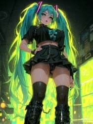 ai_generated black_panties black_skirt black_tights green_eyes green_hair hatsune_miku hentaigenerator.com looking_at_viewer open_eyes original_character viewed_from_below watermark white_skin