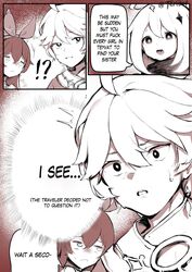 1boy 2girls aether_(genshin_impact) amber_(genshin_impact) comic confusion english_text female genshin_impact highres male monochrome nervous paimon_(genshin_impact) speech_bubble teriibol