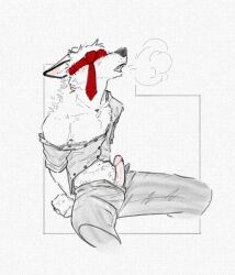 anthro breathing canid canine clothed clothing erection genitals hi_res humanoid_genitalia humanoid_penis male mammal necktie partially_clothed penis resrabbutt sitting solo