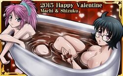 2girls bathtub black_hair breasts chocolate female female_only hoimin human hunter_x_hunter large_breasts machi_komacine multiple_girls pale-skinned_female pale_skin phantom_troupe pink_hair shizuku_murasaki short_hair shounen_jump tagme villainess