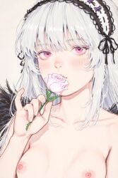 ai_generated black_wings blush breasts collarbone female fingernails flower fluffyhairenjoyer hairband holding holding_flower lolita_hairband long_hair looking_at_viewer nipples nude pink_eyes pink_flower pink_nails pink_rose pinky_out rose rozen_maiden simple_background small_breasts solo suigintou upper_body white_hair wings