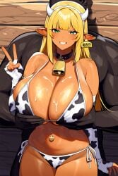 1girls ai_generated bimbo blonde_hair breast_grab cow_ears cow_horns cow_print cow_print_bikini cowbell cum cum_on_breasts dark-skinned_male huge_breasts interracial noirprincess peace_sign princess_anastasia