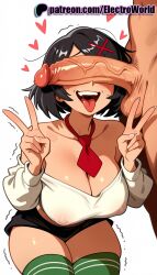 1boy 1girls 2025 ai_generated artist_name balls black_hair breasts bust chest cleavage clothed_female_nude_male cock covered_nipples cum dick double_v electroworld erection female green_legwear heart hi_res high_quality high_resolution highres kunio-kun large_penis male misako_(kunio-kun) motion_lines off_shoulder patreon patreon_username penis penis_awe penis_on_face precum short_hair shorts solo_focus squatting stable_diffusion straight testicles thighhighs tongue tongue_out transparent_background trembling twitching_penis uncensored v veins veiny_penis w watermark