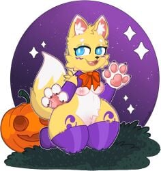 anthro bandai_namco blue_eyes bow_ribbon breasts canid canine digimon digimon_(species) female food fox fruit fur genitals grass halloween halloween_decoration heathecliff hi_res holidays jack-o'-lantern kemono mammal night paws plant pumpkin pussy renamon smile solo star tattoo true_fox yellow_body yellow_fur