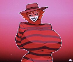 absurd_res alternate_version_available arms_behind_back big_breasts black_lips black_lipstick breasts demon digital_drawing_(artwork) digital_media_(artwork) eyelashes female freddy_krueger friday_the_13th frydda_kruegerr(sukoi) hands_behind_back hat human lewd looking_at_viewer looking_pleasured low_detail monster movie_reference new_line_cinema nightmare official_art original_character paramount_pictures parody parody_porn red_hair sharp_teeth short_hair simple_background smiling smiling_at_viewer stripped_clothes sukoi_(artist) sweater tight_clothing torso vhs vhs_filter wearing_clothes white_eyes white_skin