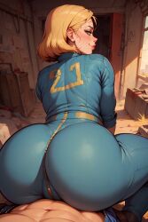 1boy 1girls ai_generated ass bethesda_softworks big_ass blonde_hair clothed clothing fallout grinding scarebroart tight_clothing unseen_male_face vault_girl vault_suit