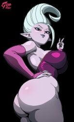 1girls ass big_breasts breasts clothed_female demon dr._arinsu dragon_ball dragon_ball_daima dragon_ball_z godvore grey_eyes hi_res highres huge_ass lipstick looking_at_viewer pointy_ears purple_lipstick purple_skin solo v white_hair