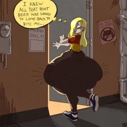 1girls ass_bigger_than_head ass_bigger_than_torso billie_(burgerkurger) bursting_butt enormous_ass hair_covering_eye hyper hyper_ass hyper_thighs long_hair looking_back solo_female squeezedjuniper tagme talking text thick_thighs