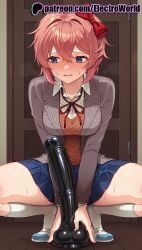 1girls 2025 ai_generated artist_name blue_eyes blue_skirt blush bow doki_doki_literature_club electroworld female hairbow hi_res high_quality high_resolution highres kneehighs legs_apart legs_spread open_legs patreon patreon_username red_ribbon ribbon sayori_(doki_doki_literature_club) school_uniform shirt shoes skirt socks solo splayed_legs spread_legs squatting stable_diffusion sweat sweating_profusely watermark white_legwear