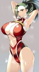 1girls arms_up ass big_ass big_breasts black_hair blush breasts closed_mouth female female_focus female_only hand_on_hip hero_outfit_(mha) hourglass_figure kumakichi_(cost-lost) large_breasts leotard light-skinned_female long_hair looking_at_viewer momo_yaoyorozu my_hero_academia navel nipple_bulge ponytail red_leotard simple_background slim_waist solo solo_female solo_focus superheroine sweat thick_thighs wide_hips